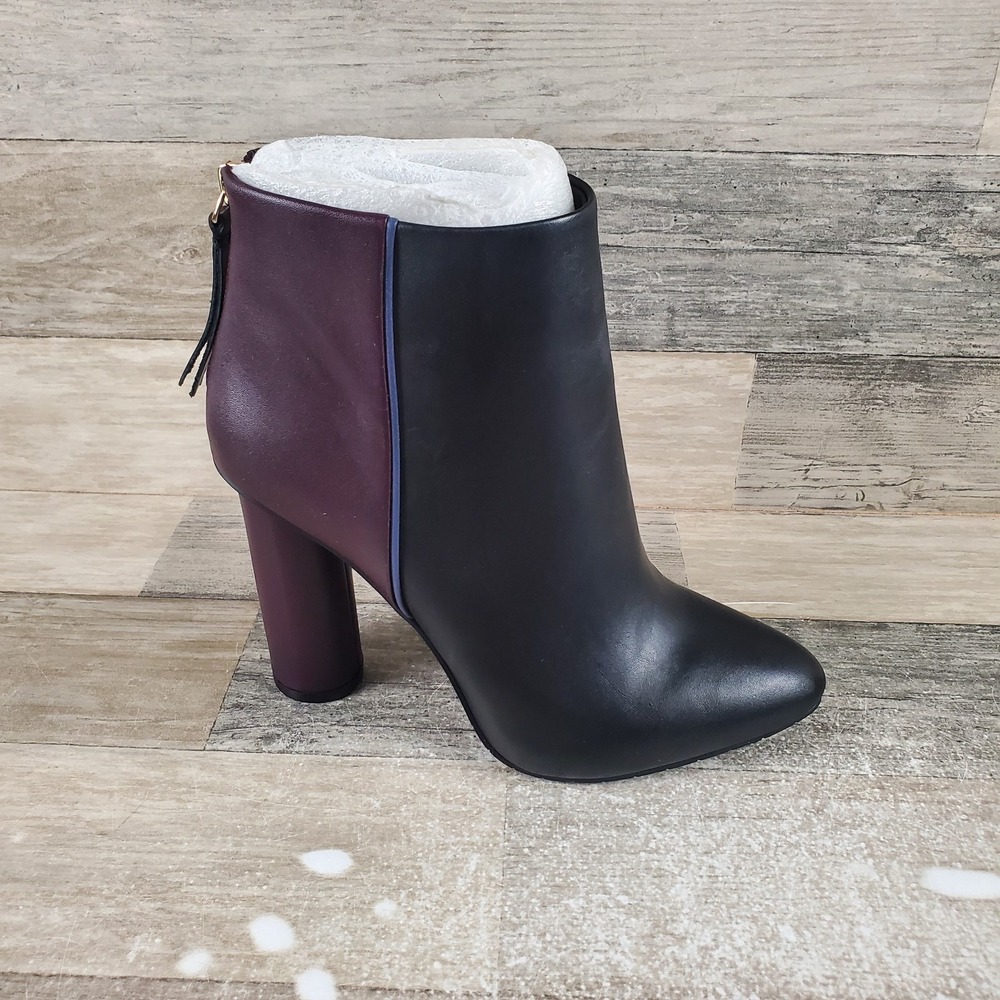 Cabi Bisset Women Bootie Sz 6 Plum Black Leather Chunky Heel Back Zip Ankle Boot